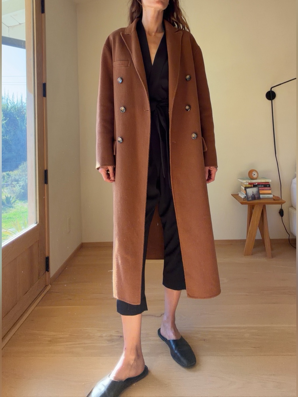 Reformation Double-Breasted Long Trench Coat in Brown